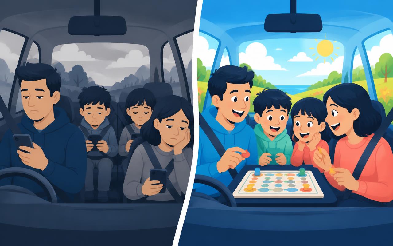 Side-by-side illustration: a grey car ride where everyone stares at their own phone versus a bright car ride where the family plays one game together