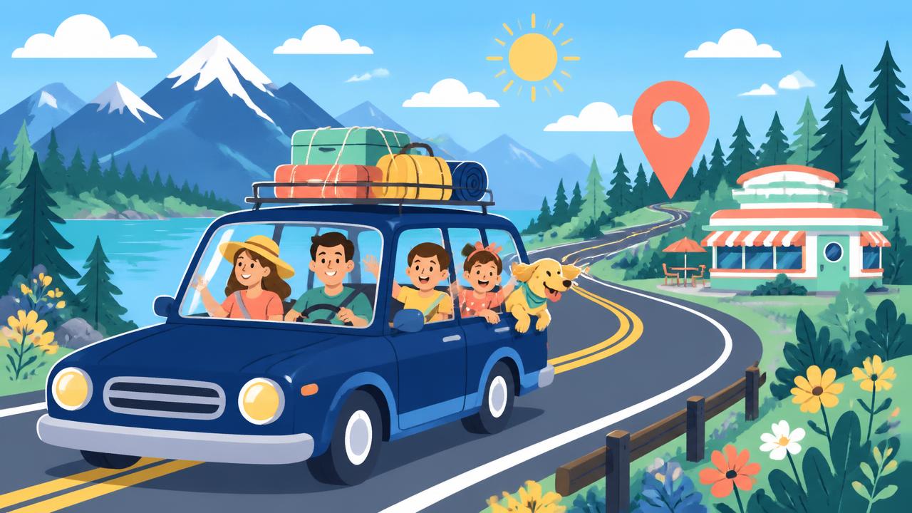 Illustrated family car with roof-rack luggage winding along a mountain road past a diner, kids waving and the dog's head out the window